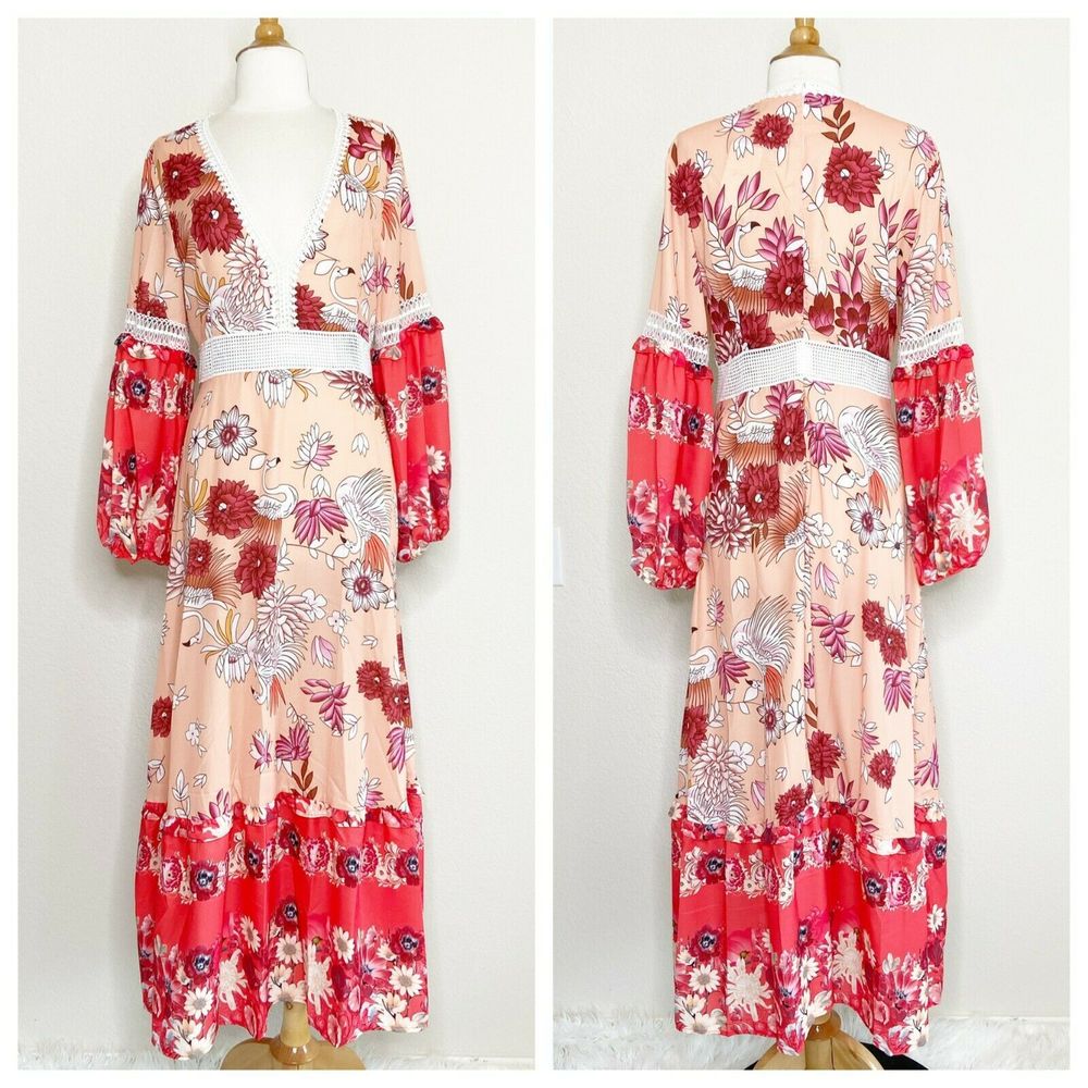 Becxin | Lace Trim Bubble Sleeve Maxi Dress NWT